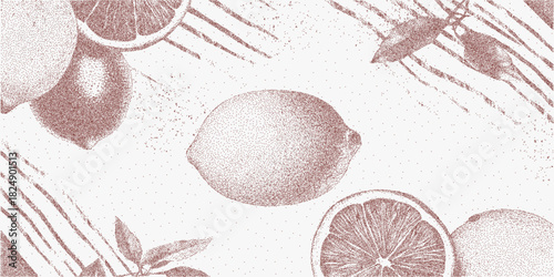 Vibrant background with whole and sliced lemons, paper texture grain, bold vintage citrus tone and light halftone imperfections.