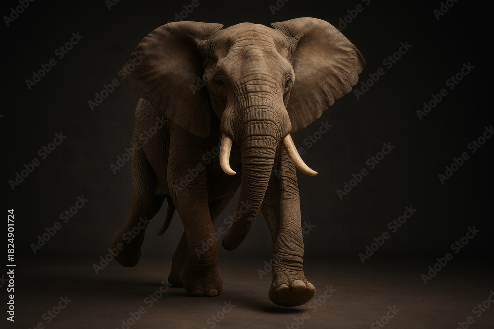 Fototapeta premium Dynamic Elephant in Motion Close-Up with Powerful Presence, Majestic Wildlife Big Mammal