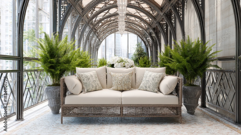Fototapeta premium art nouveau covered terrace, ornate arched steel beams, rattan sofa with cream cushions, patterned mosaic floor, potted ferns, soft diffused daylight