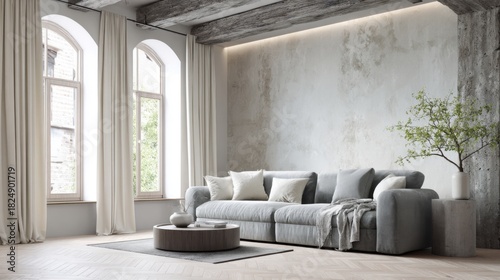 Fototapeta Naklejka Na Ścianę i Meble -  organic eclectic living room full view, soft grey sofa, raw concrete beam with light line, plaster wall, wood floor, linen drapes, calm bright mood