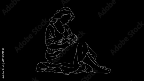 Minimalist line art illustration of a mother lovingly breastfeeding her baby, symbolizing nurturing, maternal bond, and care.