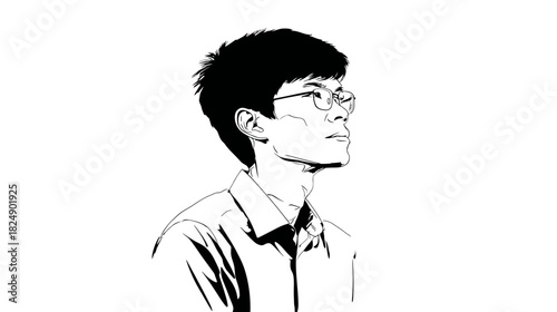 Black and white illustration of a thoughtful young Asian man with glasses in side profile, looking right