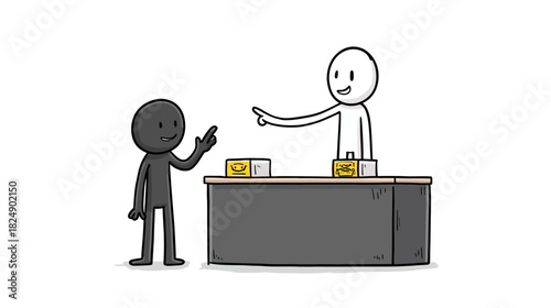 Cartoon stick figures: customer complaining at service desk, staff offering assistance. Concept of client support, problem-solving.