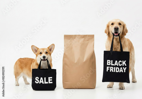 Adorable dogs with black shopping bags next to a bag of dog food excitedly and joyfully celebrate the Black Friday sale.