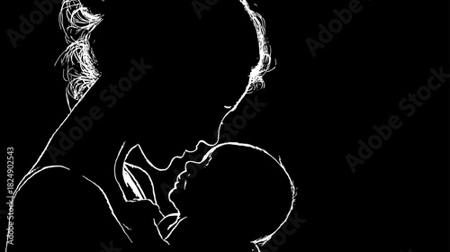Loving silhouette of a mother embracing her newborn baby against a dark background, symbolizing maternal bond, care, and new life.