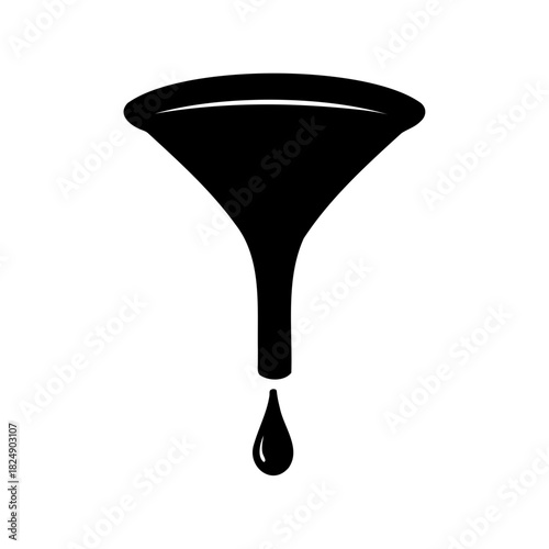 Funnel icon with single liquid drop silhouette vector image. Vector, illustration