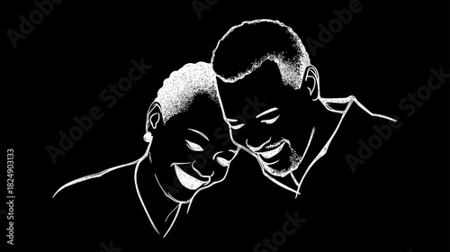 Happy diverse couple smiling with joy, affectionate connection in glowing white line art illustration on black background, expressing love and happiness.