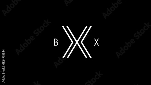 Modern minimalist abstract geometric symbol featuring white intersecting lines and letters B and X on a dark black background. Digital graphic design.