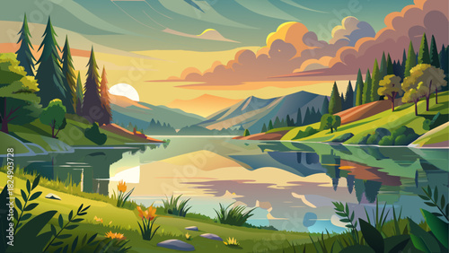 Very beautiful serene view of Lake Marburg in Pennsylvania on a warm summer evening, featuring calm reflective waters, lush green shoreline, and soft golden light creating a tranquil and picturesque l