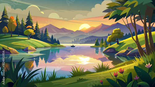 Very beautiful serene view of Lake Marburg in Pennsylvania on a warm summer evening, featuring calm reflective waters, lush green shoreline, and soft golden light creating a tranquil and picturesque 