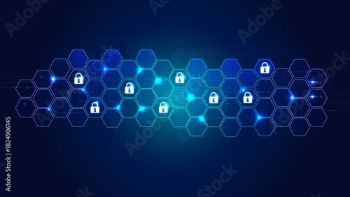Abstract digital security concept with interconnected locks on a blue hexagonal grid, symbolizing data protection and technology.
