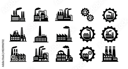 Industrial Icons A Collection of Factory Silhouettes and Gear Illustrations in Monochrome