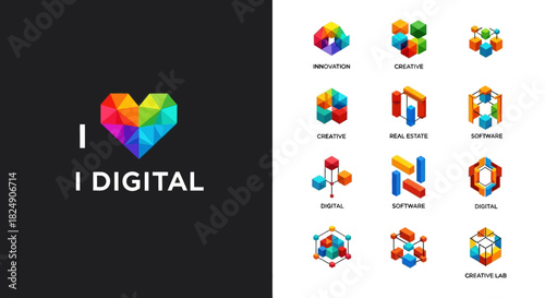 Colorful abstract geometric digital logos for modern business, creativity, and innovation, alongside a polygonal heart graphic symbolizing a deep appreciation for the digital world