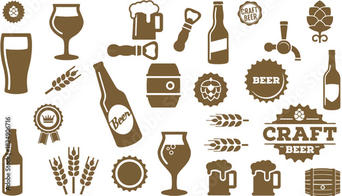 A curated collection of monochrome vector icons representing craft beer, brewing elements, and pub culture