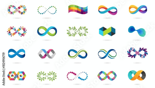 A diverse collection of creative infinity symbol designs, showcasing a vibrant assortment of stylized loops and gradient colors, perfect for innovative graphic projects and branding concepts
