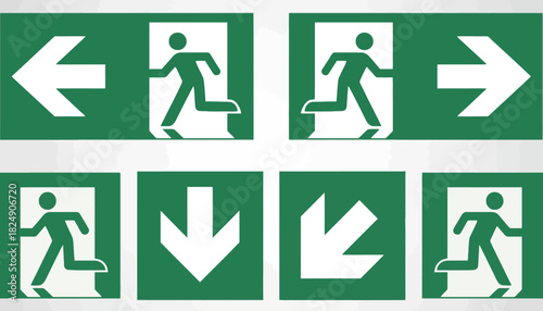 Essential collection of green and white emergency exit signs, featuring running figures and diverse directional arrows for clear public safety and building evacuation guidance