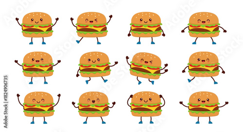Cheerful Cartoon Burger Characters in Playful Poses