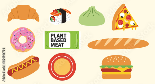 A diverse collection of illustrated meal icons, featuring classic fast food, bakery items, and a plant-based meat option