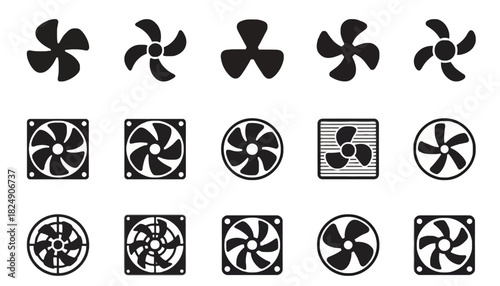 Collection of Fan Icons, Including Cooling Fans and Propeller Fans for Various Applications
