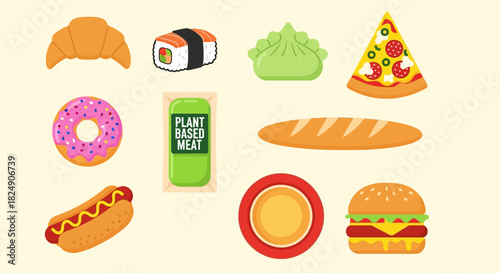 Food Variety Illustration Croissant, Sushi, Dumpling, Pizza, and More