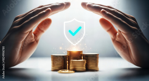 Hands protecting stacks of coins with a security shield, symbolizing financial safety