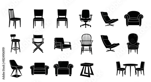 Vector collection of diverse chair and seating silhouettes, showcasing styles from classic to modern, including office, dining, and lounge designs, for interior and graphic design