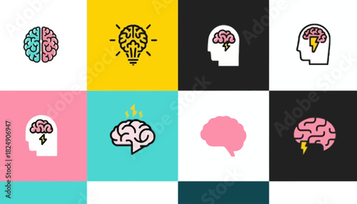 A collection of colorful flat icons representing concepts of brainstorming, creative ideas, intelligence, and innovation