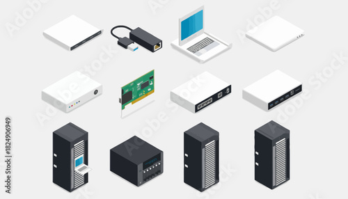 Isometric Representation of Computer Hardware Components Including Servers, Adapters and Laptops