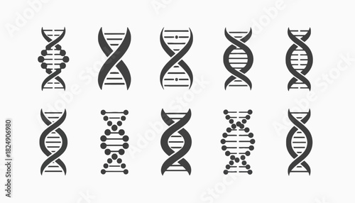 A collection of minimalist DNA double helix icons. A set of vector symbols representing genetics, molecular biology, biotechnology, and scientific concepts