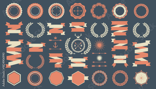 Collection of vintage nautical and ornamental emblems and banners in a retro style