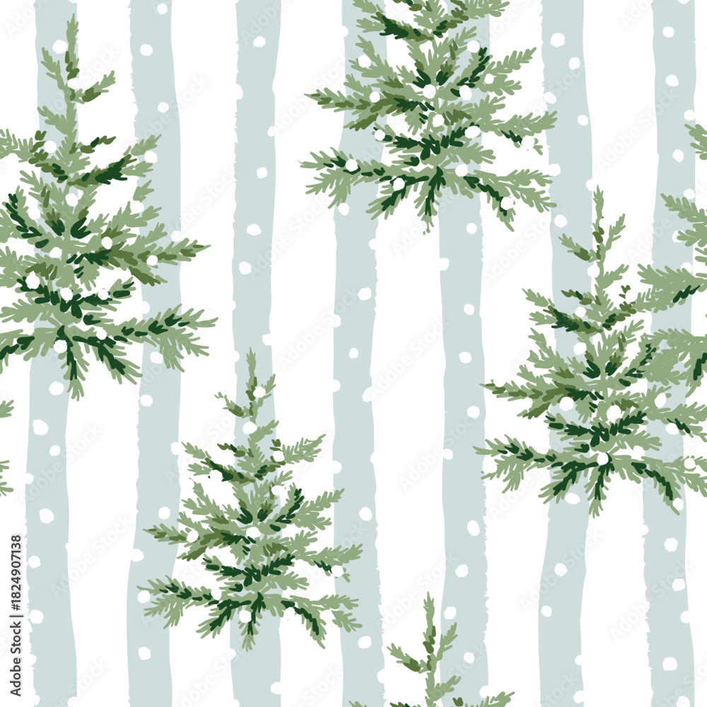 Naklejka premium Christmas seamless pattern, fir trees, snow, striped background. Vector illustration. Nature design. Season greeting. Winter holidays