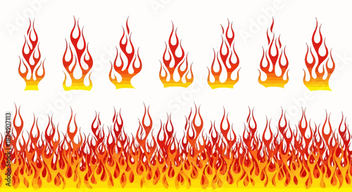 Vector set of stylized hot rod fire graphics, featuring individual flame icons and a seamless burning fire border for decoration and design