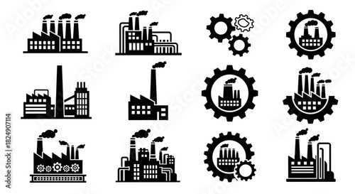 Versatile Collection of Industrial Factory Icons and Manufacturing Plant Silhouettes for Production and Urban Development Concepts