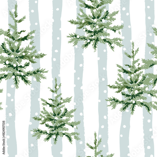 Christmas seamless pattern, fir trees, snow, striped background. Vector illustration. Nature design. Season greeting. Winter holidays