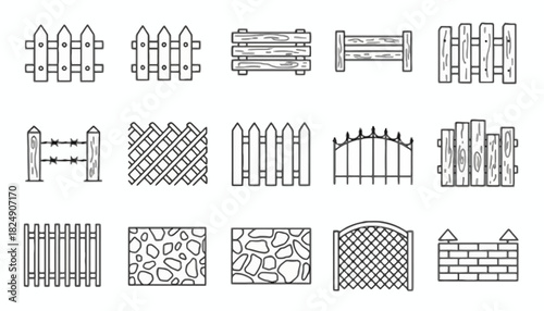 Collection of various fence designs and types, isolated on white background