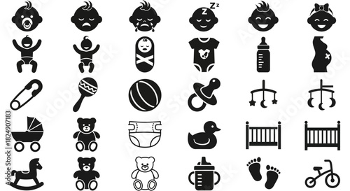 Collection of baby care and childcare icons crib, stroller, pacifier, rattle, bottle, and more for parenting resources