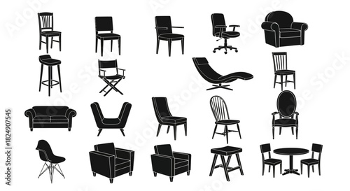 Diverse Collection of Modern and Classic Furniture Silhouettes Chairs, Sofas, and Tables for Interior Design and Home Furnishing Concepts