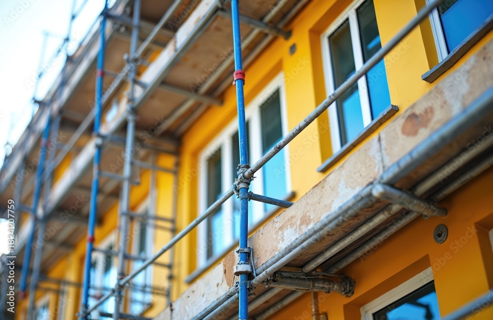 Obraz premium Scaffolding surrounds bright yellow building exterior undergoing insulation and repair work. Workers improve energy efficiency with renovation and construction materials. Windows reflect blue sky.