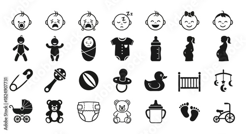 Set of monochrome glyph icons representing infancy, baby care, and childhood essentials like toys, feeding bottles, and strollers