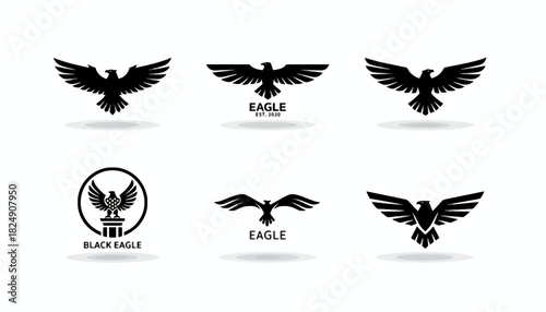 Dynamic collection of black eagle silhouette logo designs, vector graphics ideal for powerful branding and emblem creation, showcasing majestic avian symbols