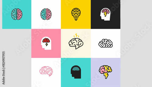 Collection of Brain and Lightbulb Icons Representing Ideas and Intelligence