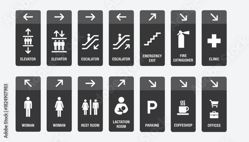 Collection of directional signs for buildings, including elevator, escalator, emergency exit, and clinic