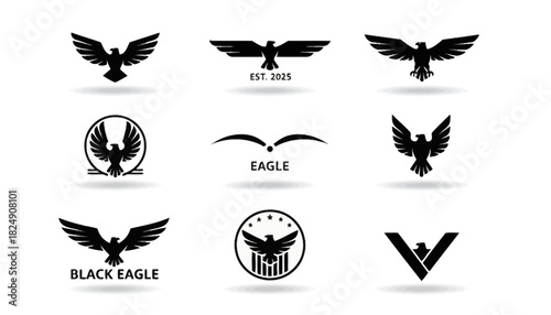 A collection of black eagle and hawk silhouette logos with spread wings, perfect for powerful corporate branding and emblem design