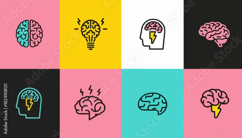 Brain Power Colorful Icons of Thinking, Ideas, and Intelligence