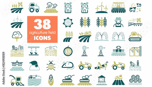 Collection of modern agriculture and farming icons, featuring essential farm machinery, crop cultivation, harvesting, livestock, and various rural industry elements