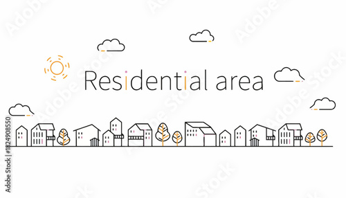 Illustration of a peaceful residential area with houses, trees, and a bright sun shining through the clouds on a clear day, perfect for real estate or community themes