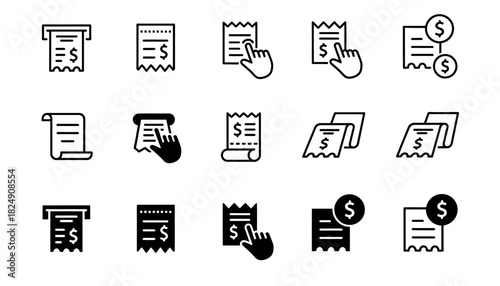 Modern vector line icons for financial transactions, billing, payments, receipts, and expense management, perfect for business accounting and digital finance applications