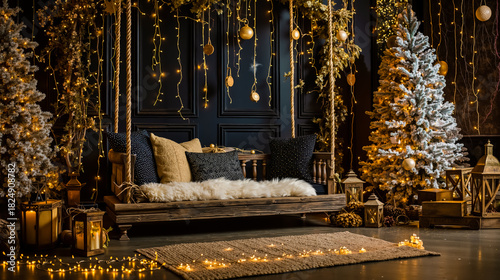 A cozy living room decorated for Christmas with a rustic wooden bench a plush white throw and string lights