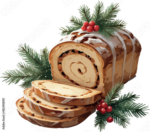 A festive swirl roll cake topped with icing and garnished with pine branches and red berries is sliced and displayed beautifully for a cozy Christmas presentation.