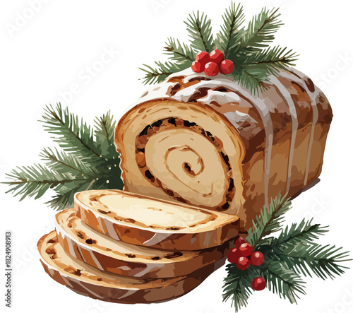 A festive swirl roll cake topped with icing and garnished with pine branches and red berries is sliced and displayed beautifully for a cozy Christmas presentation.